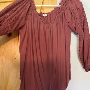 Maurices Brown and Orange Ruched Ruffled Blouse